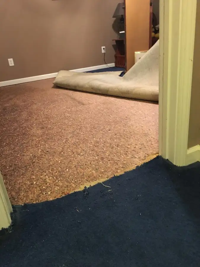 Carpet pad removal revealing water damage during Water Mitigation Services in Yorktown